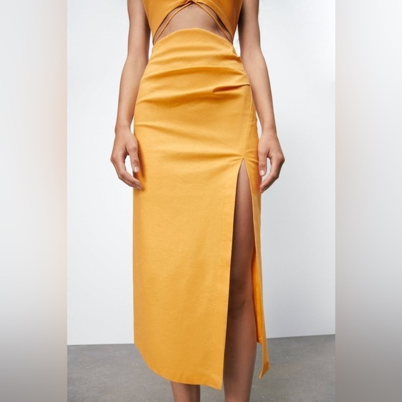 Zara Linen Blend Tangerine Midi Skirt With Ruching and Side Slit - Picture 8 of 14